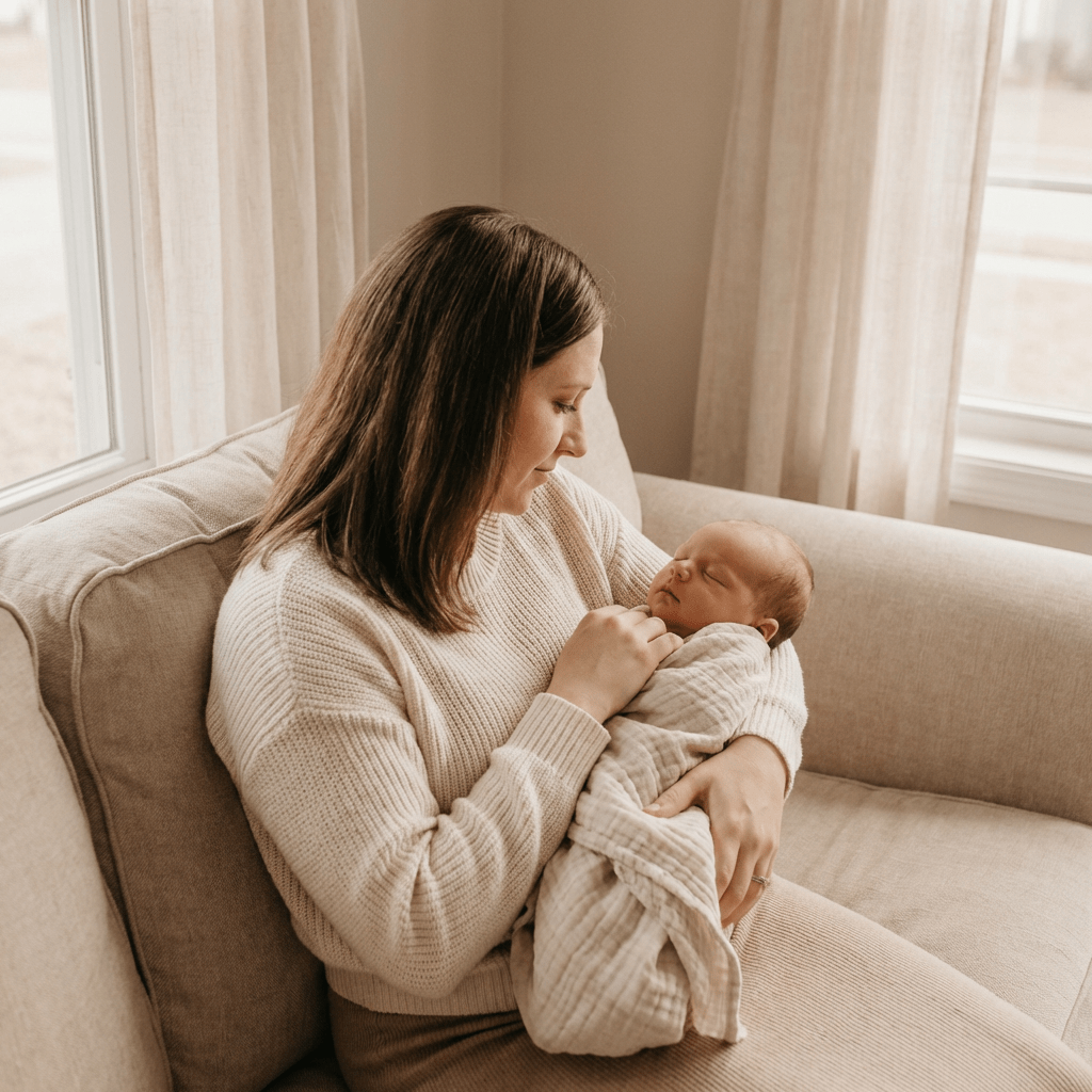 Woman in a cream sweater cradling a swaddled sleeping newborn on a beige sofa.