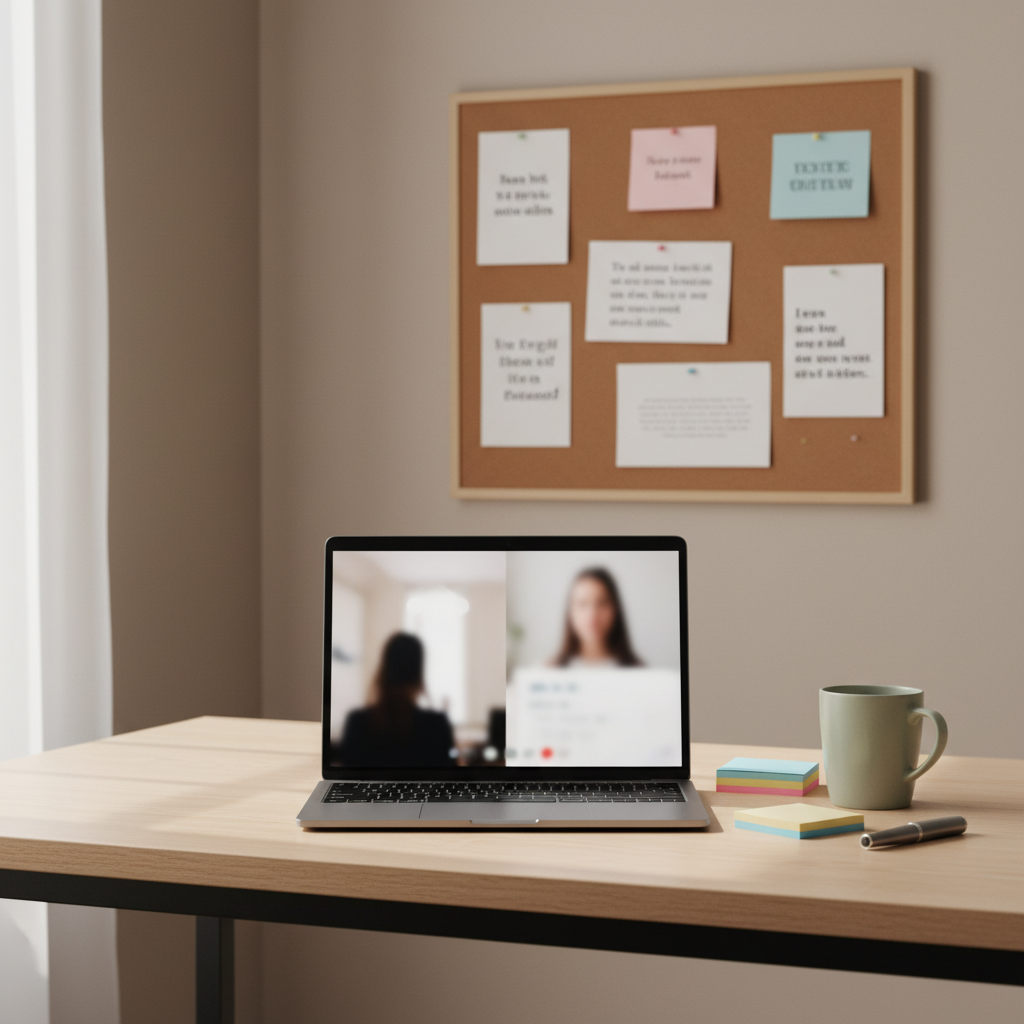 A modern home workspace arranged for online therapy sessions, with a slim silver laptop centered on a light wooden desk, its screen showing a softly blurred video-call interface, no people visible. Beside it, a ceramic mug in pale sage, a small stack of pastel-colored sticky notes, and a closed fountain pen create subtle color accents. Behind, a neutral-toned wall with a corkboard displaying neatly pinned affirming phrases, intentionally illegible. Gentle morning daylight enters from the left, illuminating the scene with soft, even light and delicate shadows. Photographic realism, slightly elevated angle, balanced composition conveying organization, focus, and emotional safety in a remote therapy context.