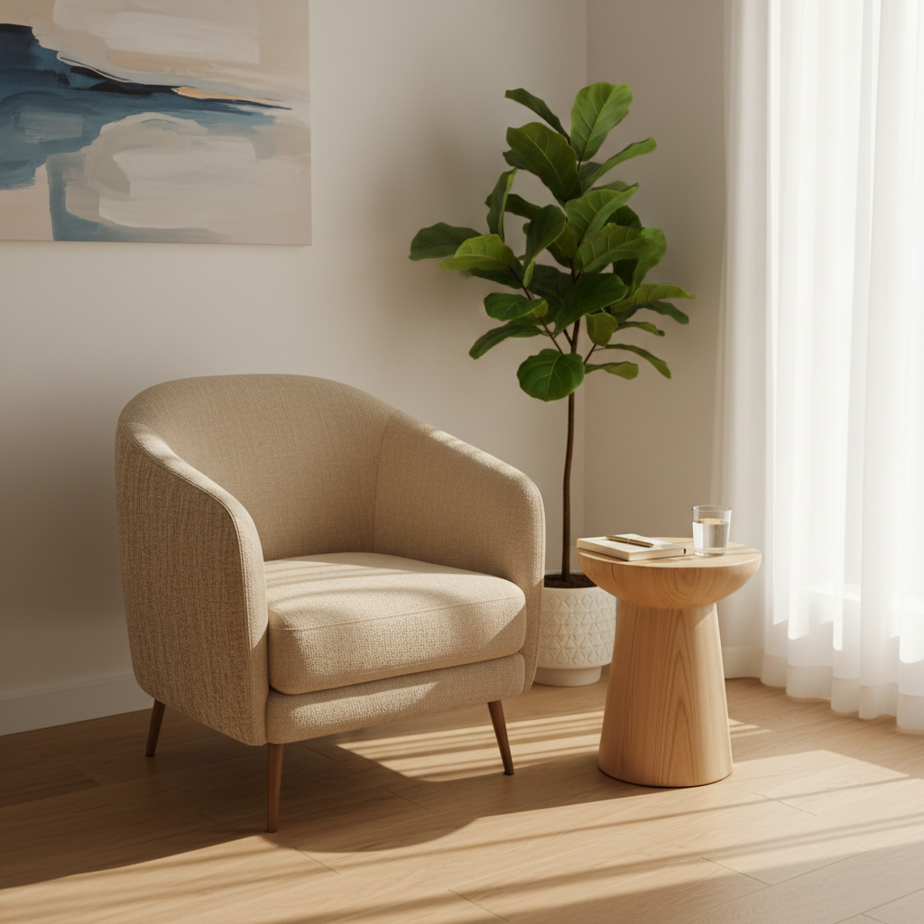 A warmly lit, minimalist therapy corner without any human presence, featuring a soft sand-colored armchair with textured fabric and a small round wooden side table holding a glass of water and a neatly closed notebook. Behind, a tall leafy plant in a ceramic pot softens the clean white wall, where a subtle abstract artwork in muted blues and beiges hangs. Natural afternoon light filters through sheer curtains, creating gentle, elongated shadows on a light oak floor. Photographic realism, eye-level composition with shallow depth of field, emphasizing calm, safety, and emotional containment. The atmosphere is serene, professional, and inviting, ideal for an online psychology practice homepage hero image.