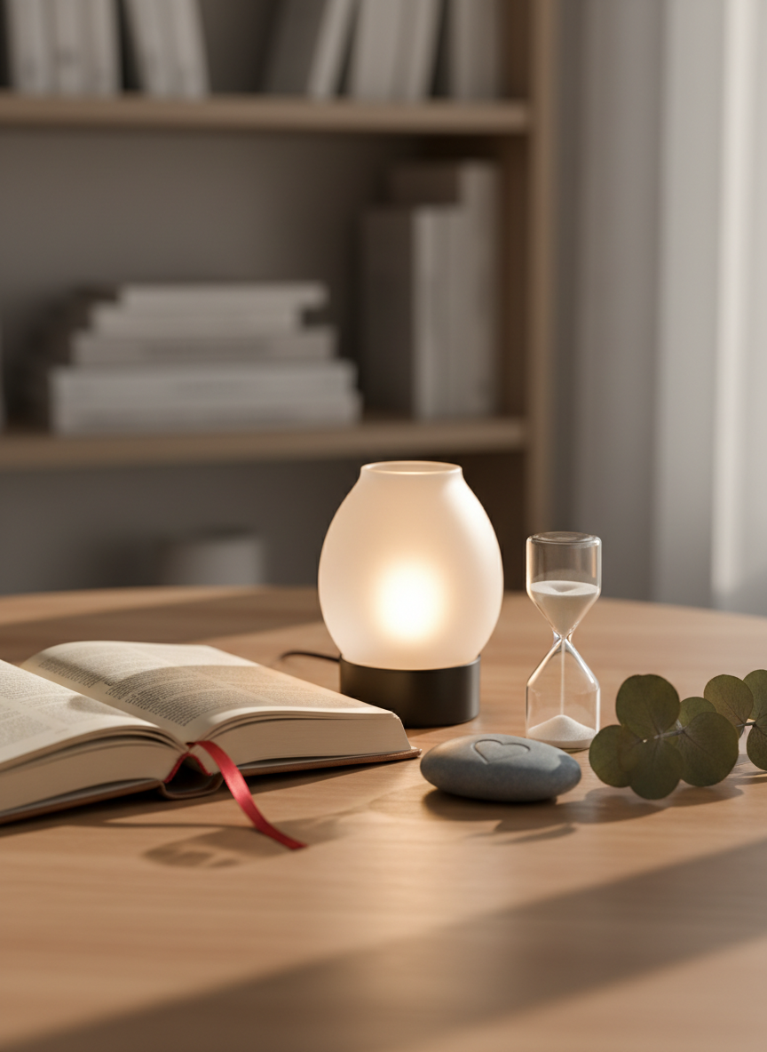 A symbolic still life representing navigating vital life crises, arranged on a smooth wooden surface against a softly blurred background of neutral-colored bookshelves. In the center, a small, gently glowing frosted glass lamp illuminates an open journal with a bookmark ribbon, a simple hourglass with fine white sand mid-flow, and a polished river stone engraved with a subtle heart-shaped pattern. A delicate dried eucalyptus branch lies nearby, adding organic texture. The scene is lit by a mix of warm lamplight and faint ambient daylight from the right, creating layered, contemplative shadows. Photographic realism, close-up shot with shallow depth of field, focusing on the objects as metaphors for time, reflection, and resilience in psychological accompaniment.